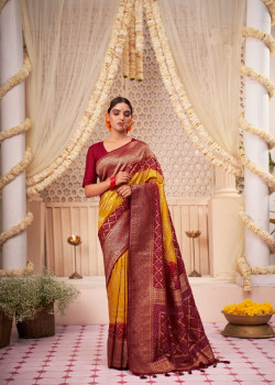 Maroon-Yellow Raw Silk Zari Bandhani Sarees AF230705