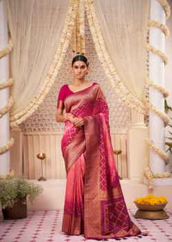 Purple-Pink Raw Silk Zari Bandhani Sarees AF230706