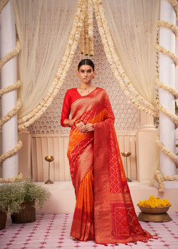 Red-Orange Raw Silk Zari Bandhani Sarees AF230708