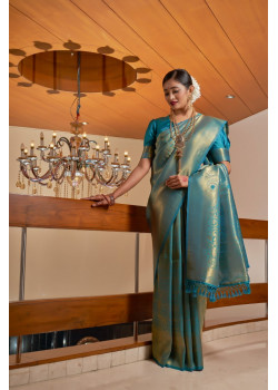 Teal Blue Raw Silk Woven Kanjivaram Sarees AF230515