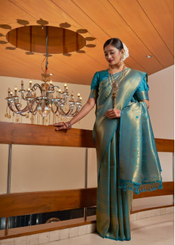 Teal Blue Raw Silk Woven Kanjivaram Sarees AF230515