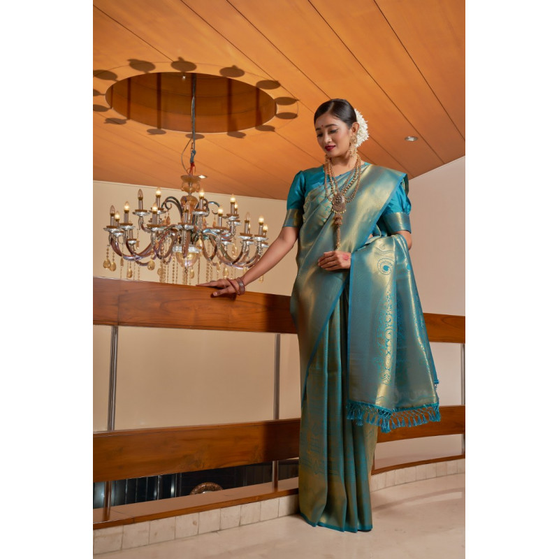 Teal Blue Raw Silk Woven Kanjivaram Sarees AF230515