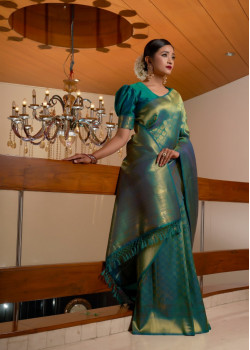 Teal Green Raw Silk Woven Kanjivaram Sarees AF230517