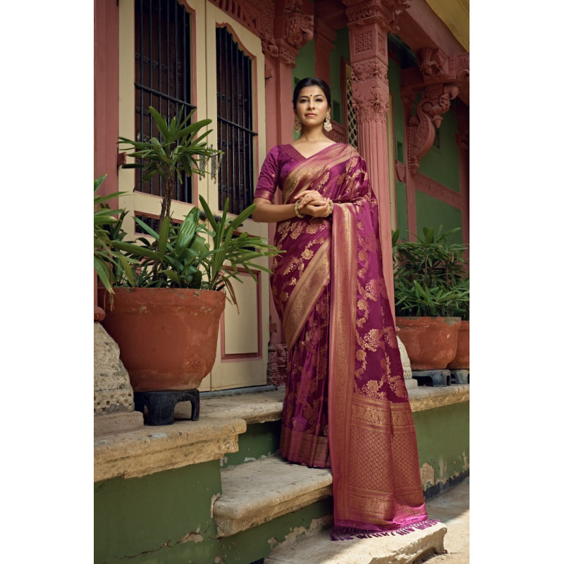 Wine Satin Silk Woven Banarasi Sarees AF230528