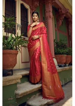 Red Satin Silk Woven Banarasi Sarees AF230530