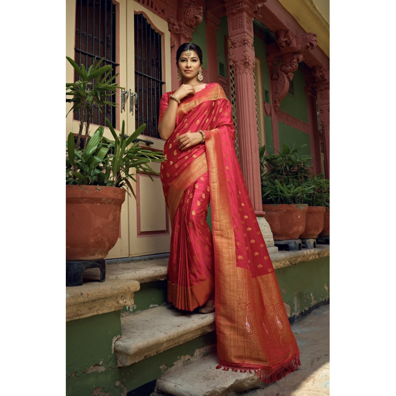 Red Satin Silk Woven Banarasi Sarees AF230530