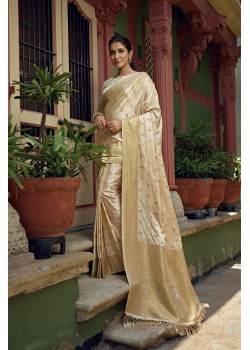 Off-White Satin Silk Woven Banarasi Sarees AF230531