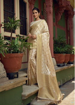 Off-White Satin Silk Woven Banarasi Sarees AF230531
