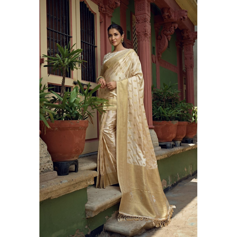 Off-White Satin Silk Woven Banarasi Sarees AF230531
