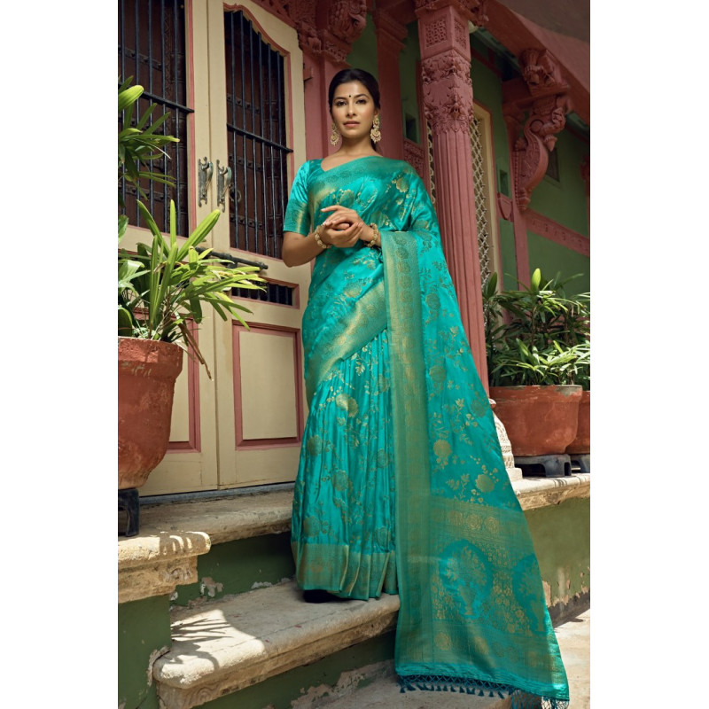 Turquoise Satin Silk Woven Banarasi Sarees AF230532
